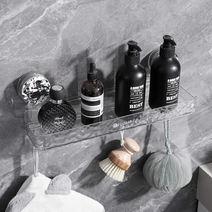 Suction Cup Shower Caddy, Corrugated Suction Cup Storage Holder, No Drilling Bathroom Organizer with 4 Removable Hooks, Shower Shelves for Inside, Clear