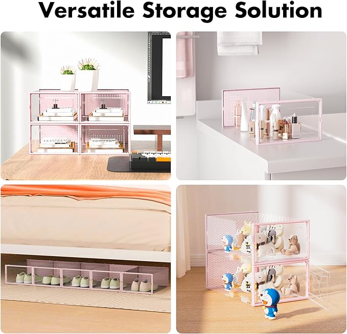 Foluck Shoe Storage Box, 15 Pack Clear Plastic Stackable Organizer for Closet, Interlocking Design Shoes Container Bins for Sneakers, Foldable Shoe Rack with Lids, Pink