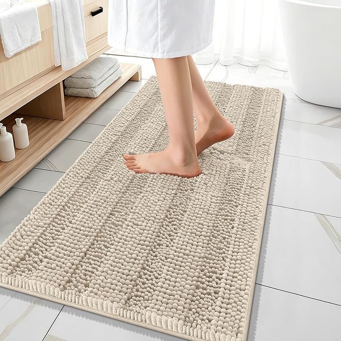 OLANLY Thick Bathroom Runner Rugs 47x20, Extra Absorbent Chenille Striped Bath Rugs, Rubber Backing, Machine Wash Dry, Long Bath Mats for Bathroom Floor, Tub and Shower, Home Decor Accessories, Sand