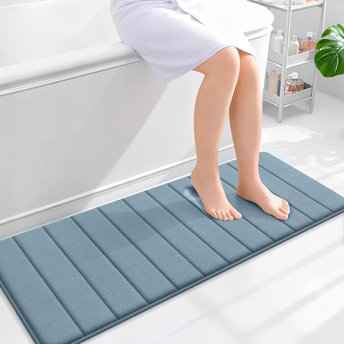 OLANLY Memory Foam Long Bathroom Rugs Runner 47x17, Super Soft Absorbent Bath Mat, Quick Dry, Machine Washable Shower Floor Rugs, Bathmat Carpet, Bathroom Home Decor Accessories, Airy Blue