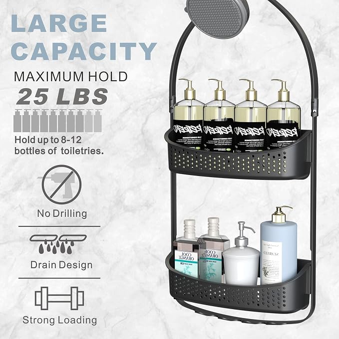Shower Caddy Hanging, Anti-Swing Shower basket over showerhead with suction cups; Never rust Bathroom Organizer over the door, Multiple Hanging Modes Shelf with Hooks, Matte Grey