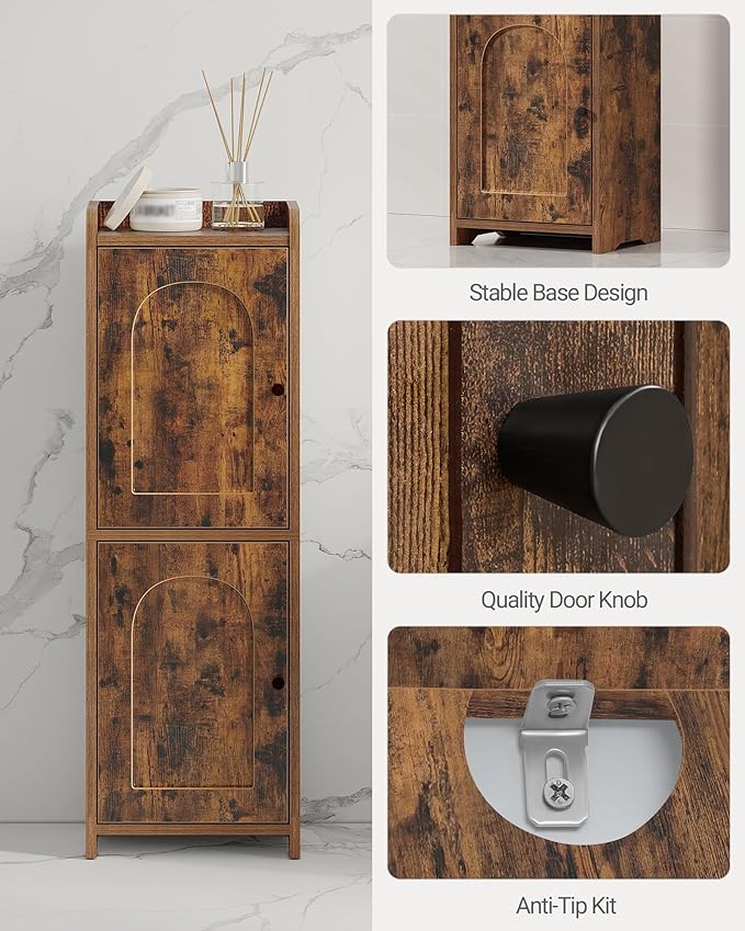 Hzuaneri Bathroom Storage Cabinet, Small Corner Floor Cabinet with 2 Doors and Adjustable Shelf, Narrow Toilet Paper Cabinets, Bathroom Organizer for Small Spaces, 7.9"D x 9.8"W x 29.5"H Rustic Brown