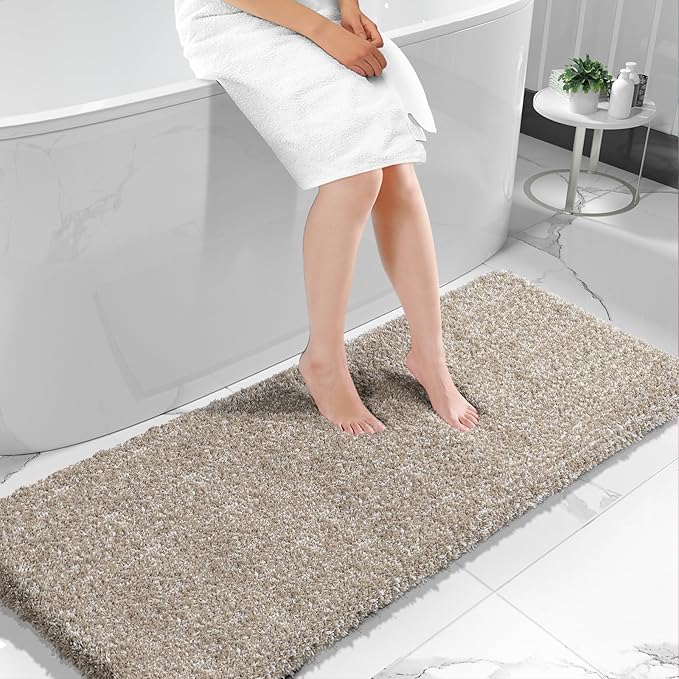Yimobra Luxury Bathroom Rugs, Fluffy Bath Mats, Non Slip, Water Absorbent Microfiber, Machine Washable, Plush Runner Shower Rugs, Thick Matts for Bathroom Floor&Tub, 70" X 24", Light Brown and White