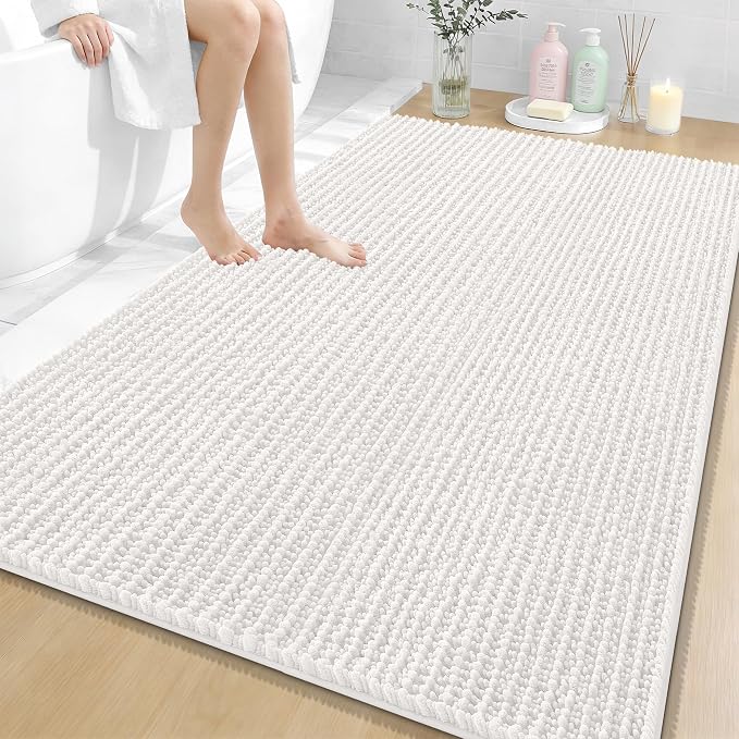 OLANLY Bathroom Rug Mat 59x35, Thick Soft and Absorbent Chenille Bath Mat, Non-Slip Rubber Backing, Machine Washable Quick Dry Bath Rugs for Tub Shower Floor, Home Decor Accessories, Ivory