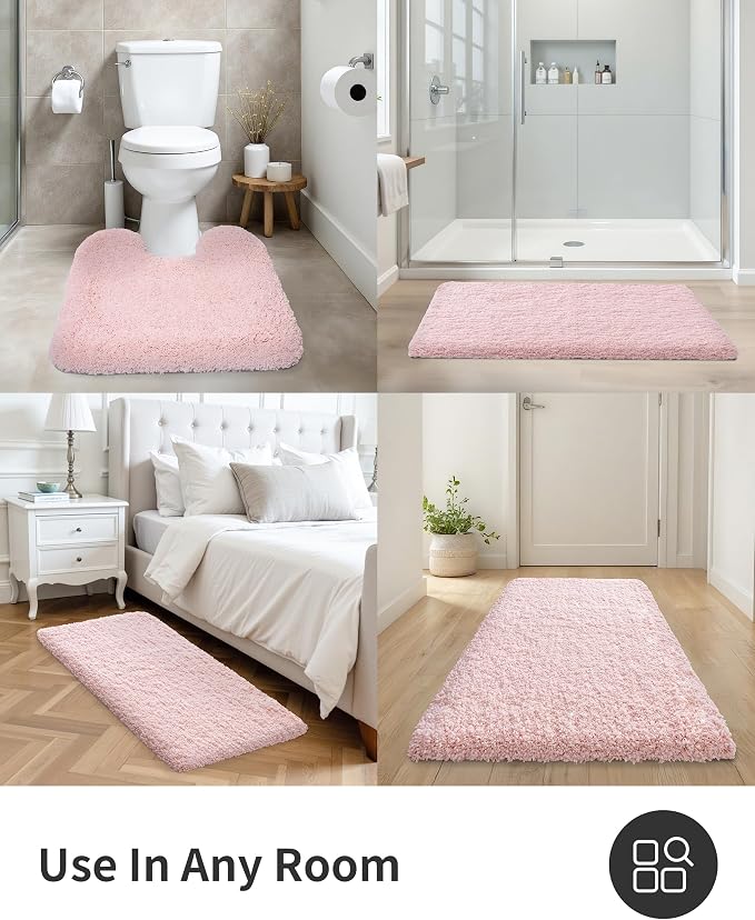 ILANGO Dark Pink Bathroom Rugs 24" × 17" Small Non Slip & Super Absorbent Extra Thick Soft, Washable Bath Mat for Floor, Microfiber Plush Shaggy Bath Rug with Rubber for Bathtub Shower Room Sink