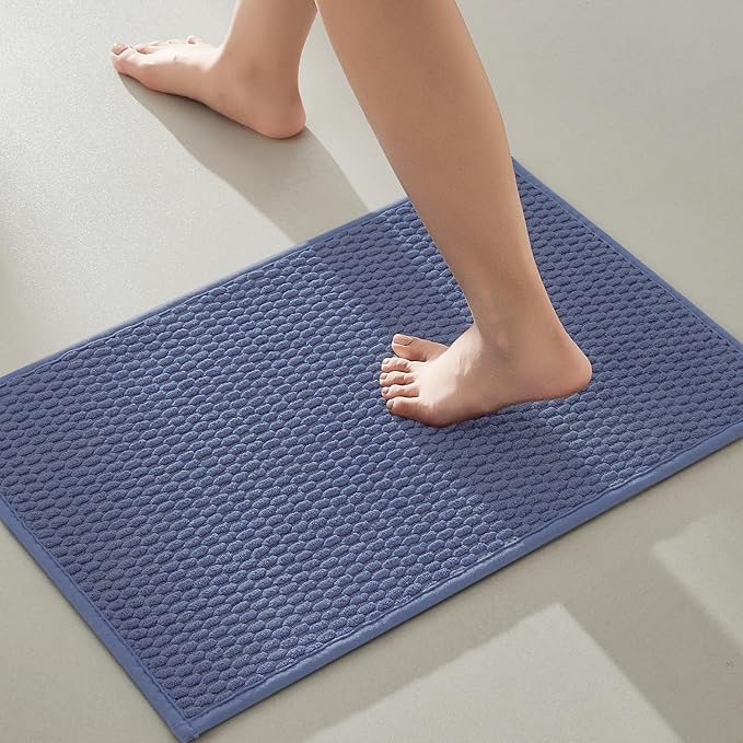 TYUU Bathroom Rugs Non Slip Washable, Super Absorbent Thin Bath Mat Small Quick Dry Low Pile Bathroom Rug, Denim Blue 16"x24"