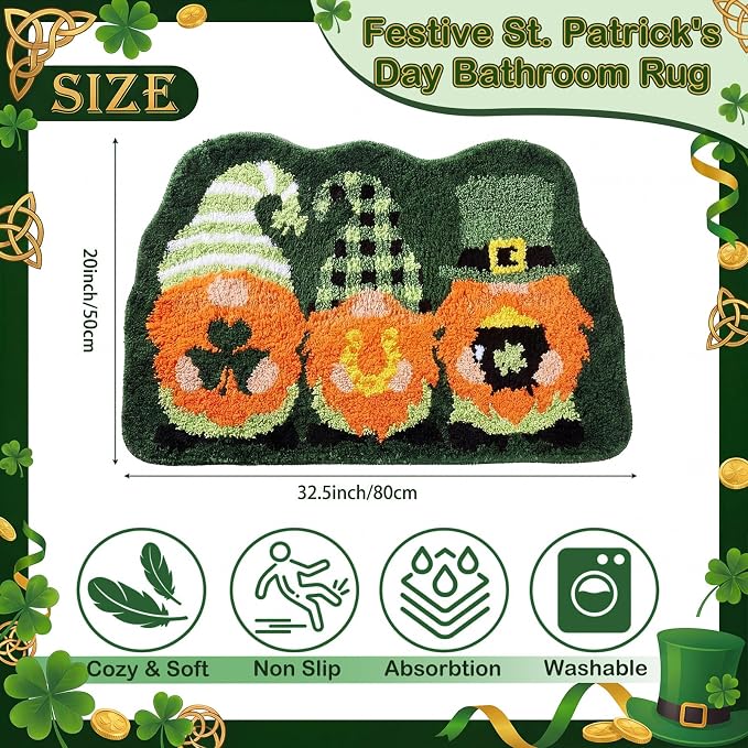 Capoda St. Patrick's Day Bathroom Rug 20 x 31.5 Inch Gnome Shamrock Bathroom Rug Non-Slip Washable Soft St. Patrick Bath Mat for Indoor Outdoor Home Kitchen Bath Decoration(1 Pcs, Gnome)
