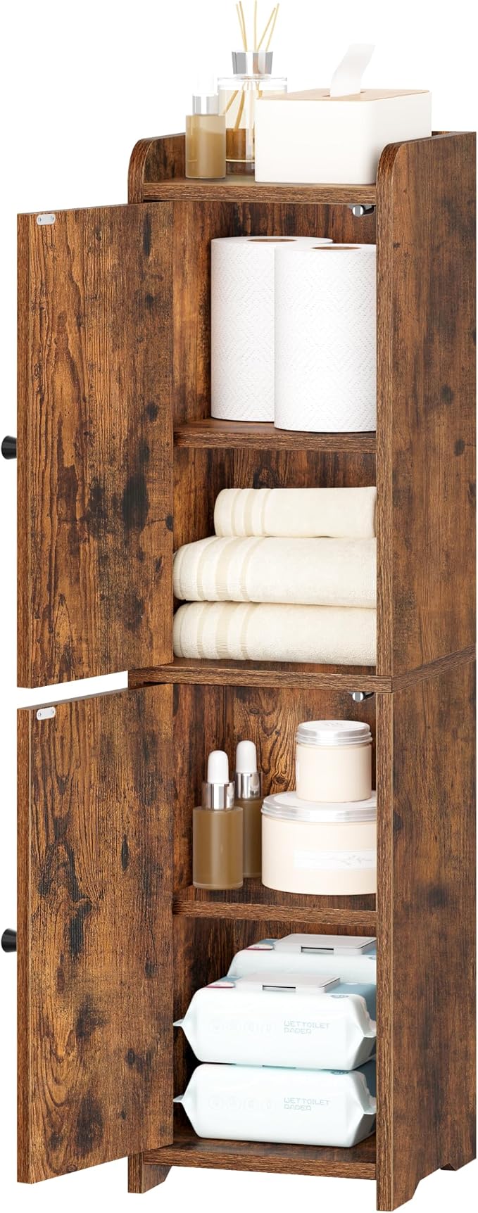 Hzuaneri Bathroom Storage Cabinet, Small Corner Floor Cabinet with 2 Doors and Adjustable Shelf, Narrow Toilet Paper Cabinets, Bathroom Organizer for Small Spaces, 7.9"D x 7.9"W x 29.5"H Rustic Brown