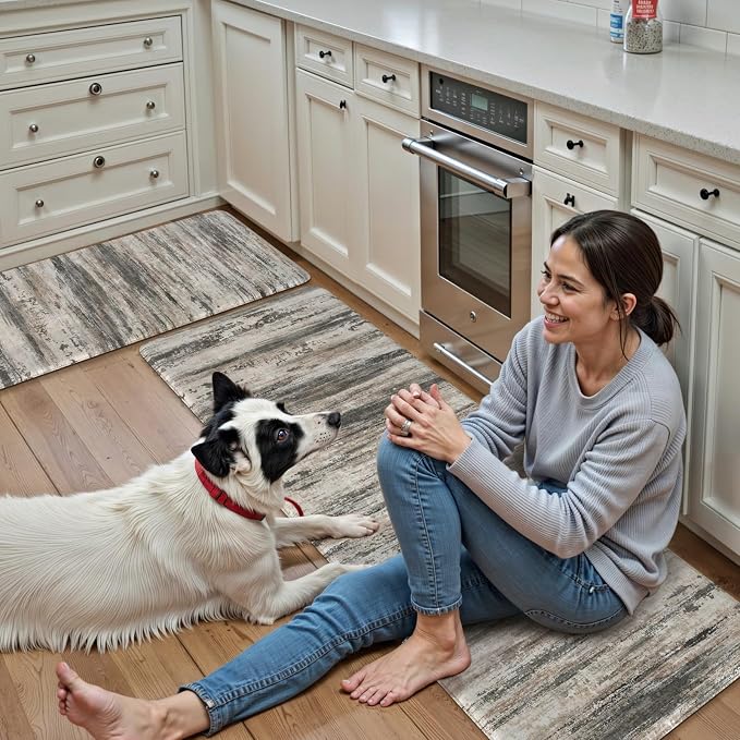 KIMODE Anti Fatigue Kitchen Mats for Floor 17"x47"+17"x29", Abstract Farmhouse Kitchen Rugs, Non Slip Waterproof Kitchen Floor Mats, Comfort Standing Mats for Laundry Office Sink Desk Black Grey
