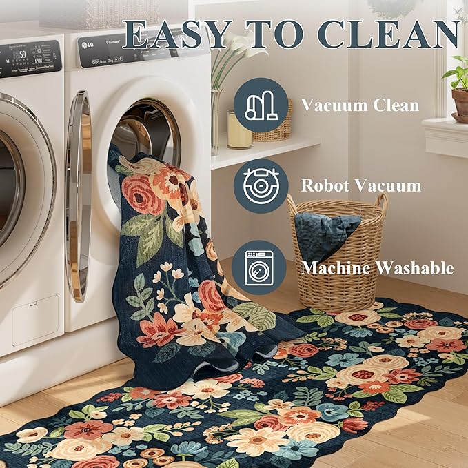 DUKINO 4x6 Area Rug, Floral Non-Slip Indoor Washable Rug with Low Pile & Non-Shedding, Lightwight Boho Design Carpet for Entryway, Bedroom, Kids Room, Living Room, Kitchen, Navy Blue