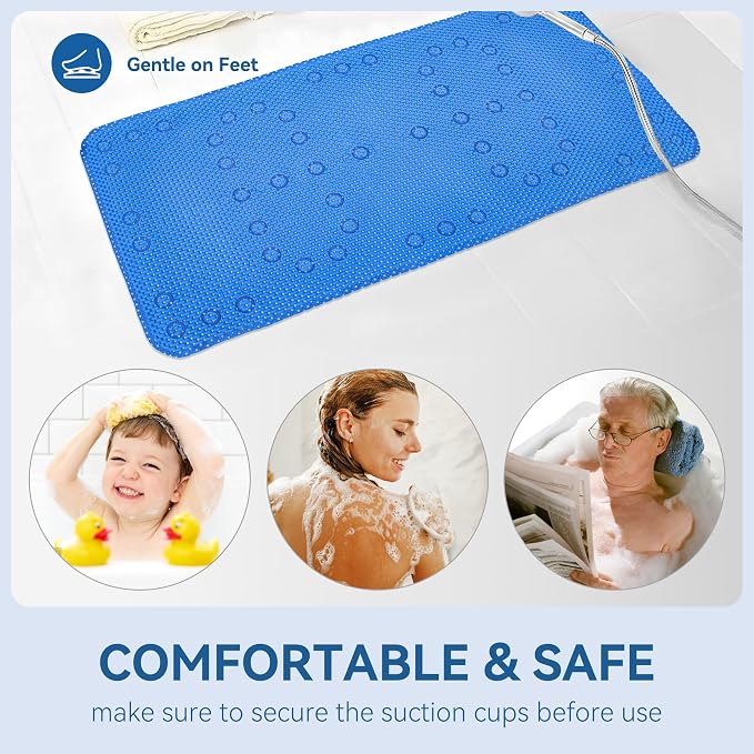 Bathtub Mat Non Slip, Soft Foam Bath Mat for Tub, Bathtub Mat with Drain Holes, Suction Cups Shower Mat (Royal Blue, 36''X17'')
