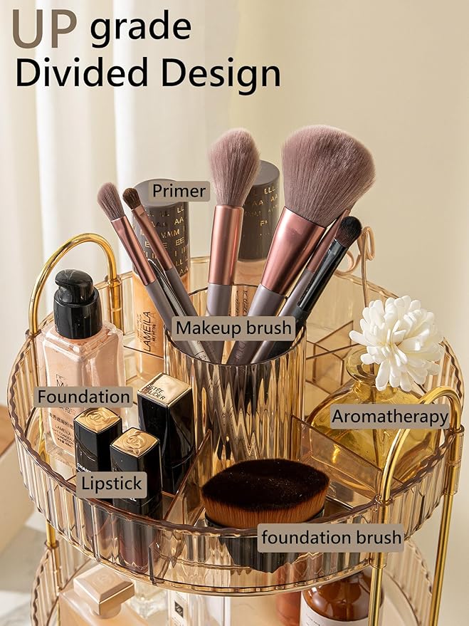 Asayuee 360 Rotating Makeup Organizer,3 Tier Large Capacity Make Up Organizers and Storage,Skincare Perfume Vanity Organizers,Bathroom Cosmetics Storage Organizer Countertop(Gold)