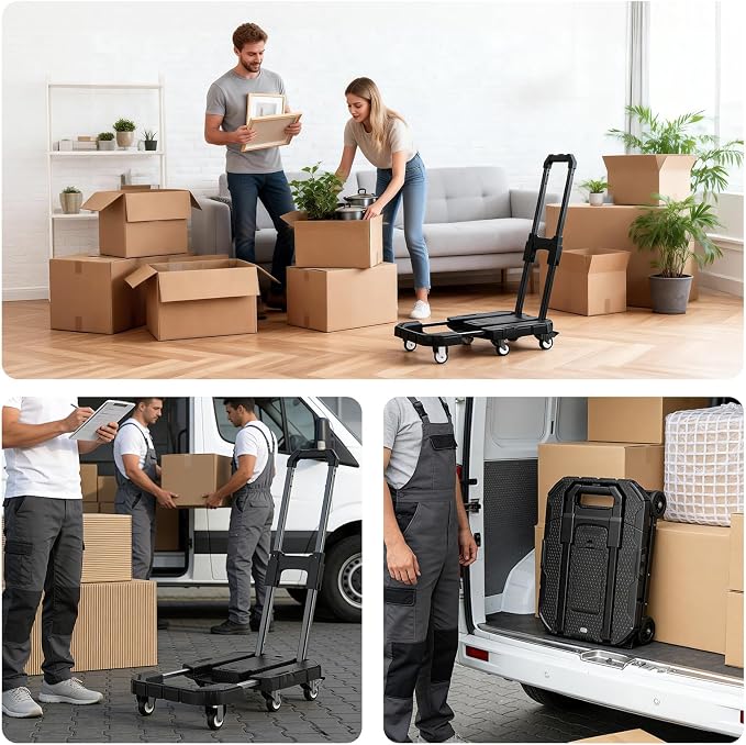 Hand Truck 550Lbs, Folding Dolly Cart with 6 Wheels-Compact/Heavy-Duty, Portable Rolling Utility Cart for Moving Shopping Travel Vendor Booth, Carrito para Cargar Cosas Con Ruedas with 2 Bungee Cords