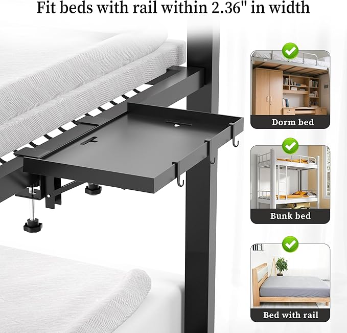 Foldable Bedside Shelf, Metal Clip-On Bed Tray Table for Bunk Bed & Dorm Beds, Dorm Room Essentials Organizer for College Students, Floating Tray, Space Saving Nightstand for Loft Beds (Black, Small)