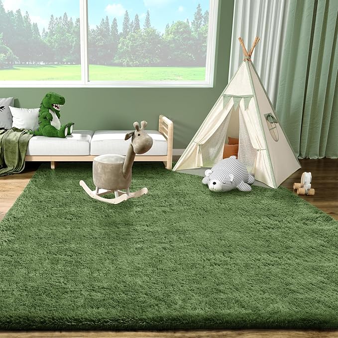 Ophanie Gray Green Rugs for Living Room 5x8, Grass Shag Fluffy Large Fuzzy Plush Soft Carpets, Floor Shaggy Area Rugs for Bedroom, Carpet for Kids Boys Girls Dorm Nursery Home Decor Aesthetic