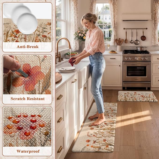 KIMODE Fall Kitchen Mats Cushioned Anti Fatigue, Orange Farmhouse Kitchen Rugs Sets of 2, Non Slip Kitchen Mats for Floor, Padded Kitchen Floor Mats for Sink Laundry Office Desk 17"x47"+17"x29"