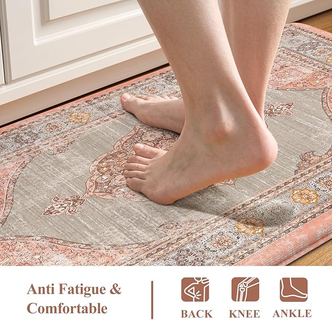 Collive Boho Kitchen Mats for Floor Cushioned, Anti Fatigue Waterproof Kitchen Rug Set of 2 Non Skid Comfort Standing Mat for Office, Sink, Laundry, 17.3"x29"+17.3"x47"(Coral & Greige)