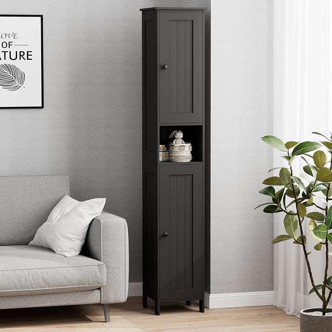 Homleke Tall Bathroom Storage Cabinet with 2 Doors, 67"H Narrow Storage Cabinet with Adjustable Shelves& Anti-Tip Design, Reversible Door Installation, Easy Assembly, 11.8 x 11.8 x 66.9 Inches, Black