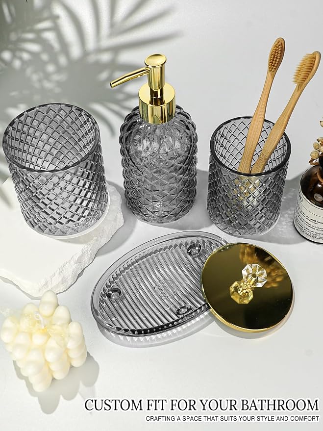 Haturi Gray Glass Bathroom Accessories Set, 4-Piece - Lotion Soap Dispenser, Toothbrush Holder, Cotton Swab Jar & Soap Dish – Elegant Gold Accent for Countertop & Housewarming Gift