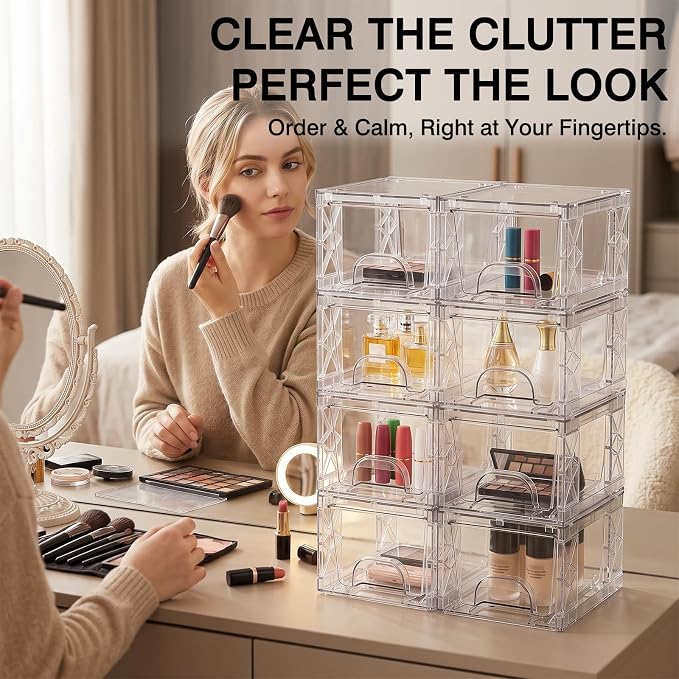 Plastic Storage Drawers, 4.4in Stackable Box 8 Pack Simply Assembled Bins Containers Suitable for Cosmetics, Bathroom, Kitchen, Cabinets
