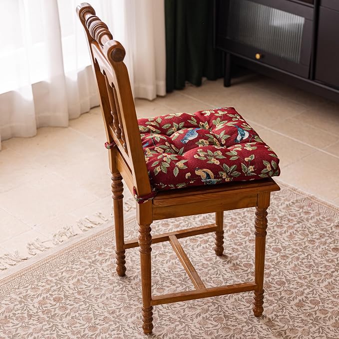 vctops Farmhouse Brid Print Chair Cushions with Ties U-Shaped Soft Comfortable Chair Pads Non Slip Seat Cushions for Indoor Dining Room and Kitchen Chairs (Red,18"x18")