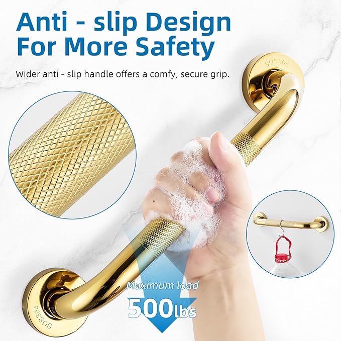 Grab Bars for Shower, Zynuhmo 2 Pack 12 Inch Anti Slip Stainless Steel Bathroom Safety Shower Grab Bar Handrails for Handicap Injury Pregnant Senior Assist Shower Handles(Titanium Gold, 1" Diameter)