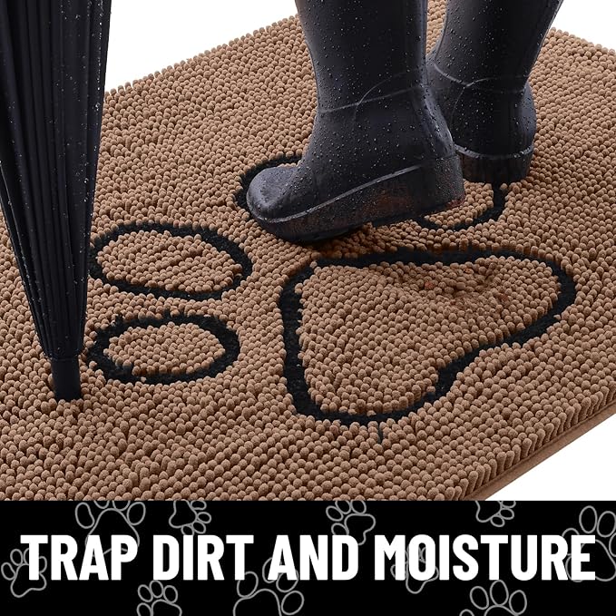 Smiry Dog Door Mat for Muddy Paws, Absorbent Dirt Trapper Non Slip Quick Dry Washable Chenille Mat for Mud Dogs, Entry Rug for Indoor and Outdoor (59x24 Inches, Coffee and Black)