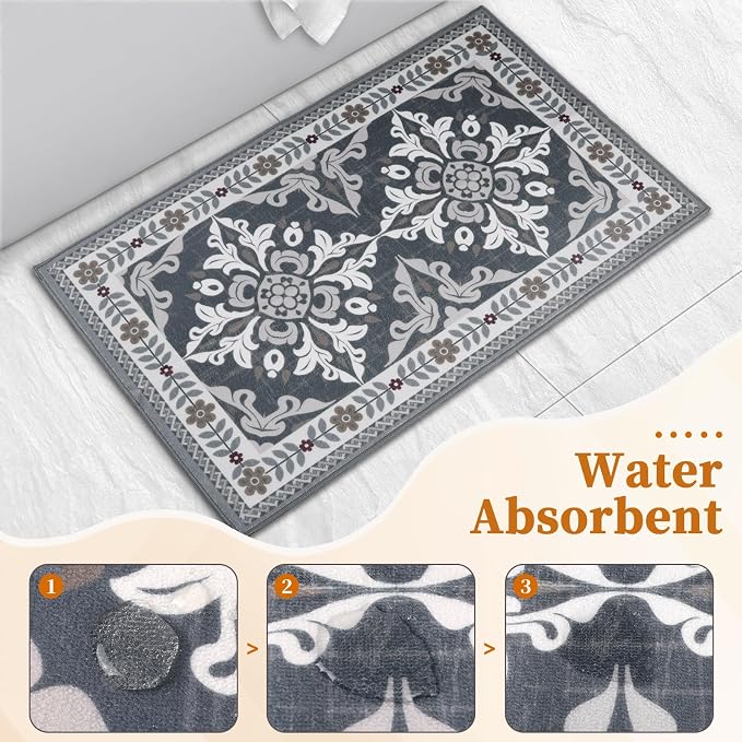 Kitchen Rugs Set of 3, Non-Slip & Washable Floor Mats, Water-Absorbent Area Pad, Standing Desk Mat for Office, Home, Doorway, Laundry, Kitchen Accessories (Grey)