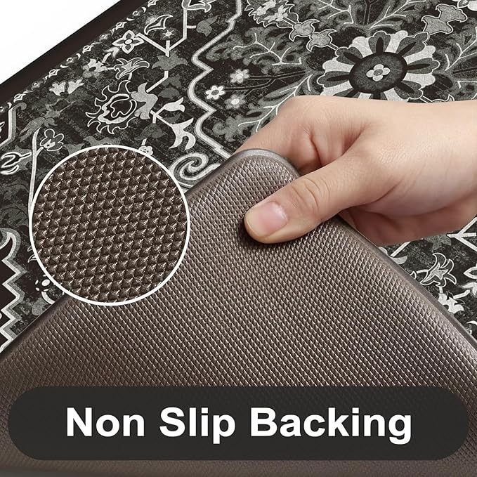 KIMODE Kitchen Mats Cushioned Anti Fatigue, Boho Vintage Kitchen Rugs Sets of 2, Non Slip Kitchen Mats for Floor, Memory Foam Kitchen Floor Mat for Sink Laundry Desk Black Multi 17"x47"+17"x29"
