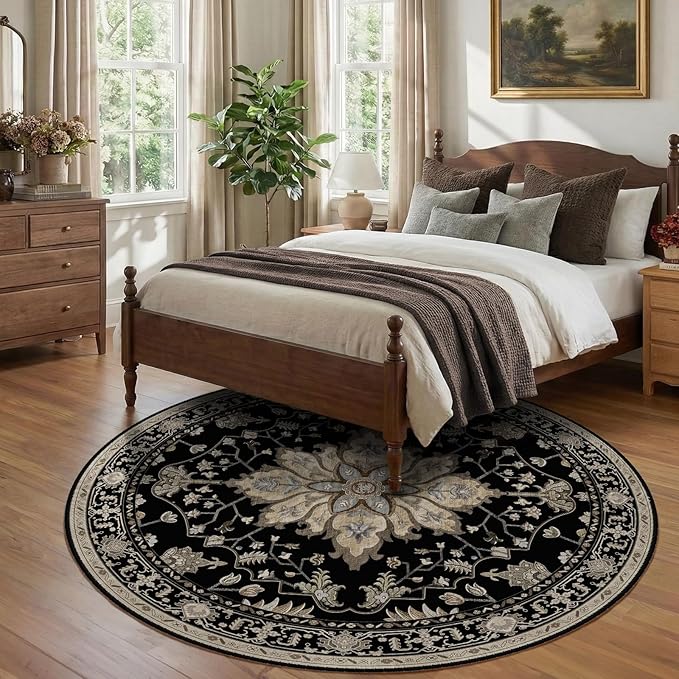 RELEANY Area Rugs Round 8ft Washable Non-Slip, Floral Vintage Distress Medallion Carpet for Living Room Bedroom Dining Room, Black Brown Neutral Dark Tan