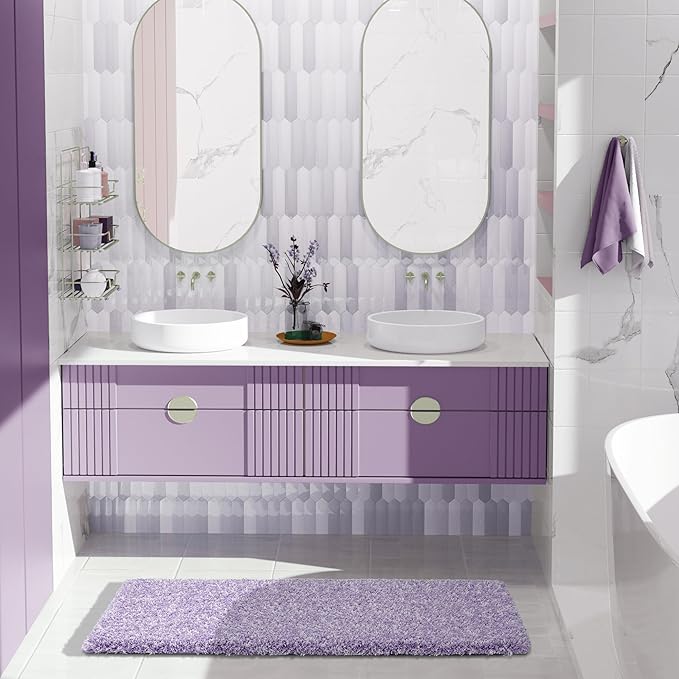 Yimobra Luxury Bathroom Rugs, Fluffy Bath Mats, Non Slip, Water Absorbent Microfiber, Machine Washable, Plush Runner Carpet Shower Rugs, Thick Matts for Bathroom Floor&Tub, 44" X 24", Purple and White