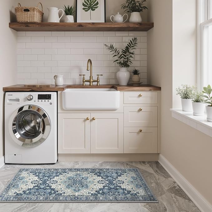 GENIMO Kitchen Rugs Non Slip Washable, 2PCS Kitchen Mats for Floor, Cushioned Standing Mat, Kitchen Runner Rug Floor Mat for Hallway, Laundry, Sink, Entryway, Home, 20"x32"+20"x48", Navy Blue