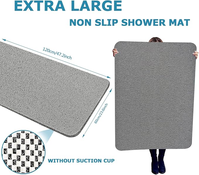 godehone Shower Mats Non Slip Without Suction Cups, PVC Loofah Bathroom Mats, Loofah Mats for Shower and Bathroom, Quick Drying, 23.6× 47.2 Inch, Grey