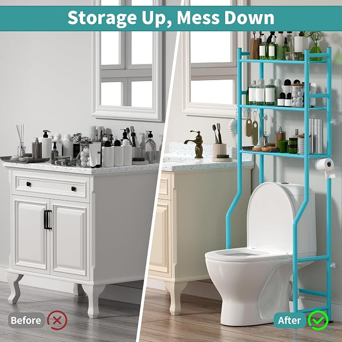 3-Tier Over The Toilet Storage Organizer, Space-Saving Bathroom Rack with Paper Holder & 4 Hooks, 64" Tall Freestanding Carbon Steel Shelf for Small Apartment Laundry Room (Blue)