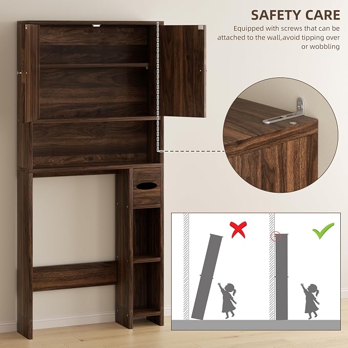 Shintenchi Over the Toilet Storage Cabinet, Bathroom Storage Cabient with Barn Doors, Bathroom Storage Shelf Organizer with Toilet Paper Holder, Adjustable Shelf and Anti-Tip Device, Walnut