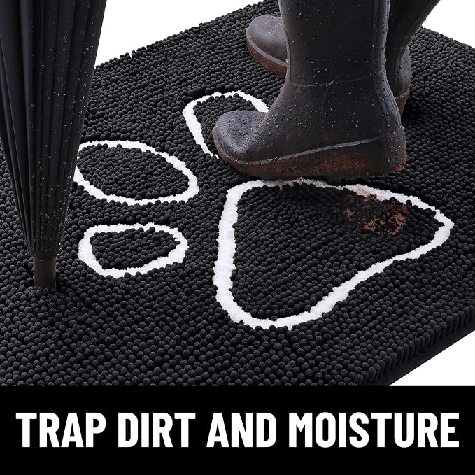 Smiry Dog Door Mat for Muddy Paws, Absorbent Dirt Trapper Non Slip Quick Dry Washable Chenille Mat for Mud Dogs, Entry Rug for Indoor and Outdoor (24x16 Inches, Black and White)