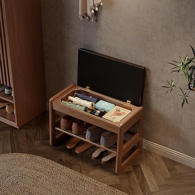 AQIMUELE Shoe Rack Bench,2 Tiers Shoe Bench with Storage with Flip-Top,Wood Shoe Rack for Entryway,Hallway（Dark Walnut Upholstered Seat,11.8" D x 23.62" W x 15.7" H）