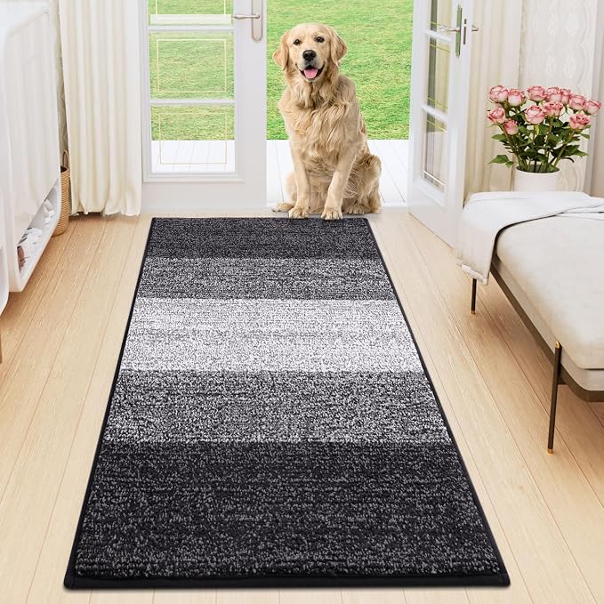 Smiry Dog Door Mat for Muddy Paws, Absorbs Moisture and Dirt, Low-Profile Entryway Mat with Non-Slip Backing, Entry Indoor Outdoor Doormat for Inside Floor (47x24 Inches, Black, Striped)