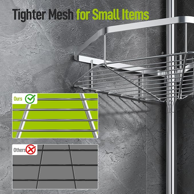 LAMU Shower Caddy Corner Tension Pole, Stainless Steel Shower Organizer, Strong Spring, 5 Adhesive Pads, 2.4 in Non-Slip Grid Base, Adjustable 4-Tier Basket, 4 Hooks, Fits Heights 37.8-124 in, Silver