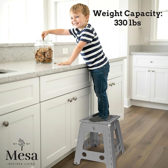 Inspired Living 18" Step Stool, Folding Step Stools for Adults, Plastic Foldable Step Stools Kids, Holds Up to 330 lbs, Collapsible Folding Stool for Kitchen, Bathroom, Bedroom (Grey Black, 18" High)