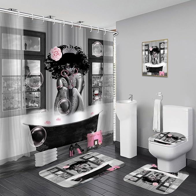 5Pcs Black Girl Shower Curtain Set with Decorative Painting, African American Wall Painting Bathroom Sets with Shower Curtain and Rugs, Trendy Women’s Bathroom Pictures for Wall Art Decor
