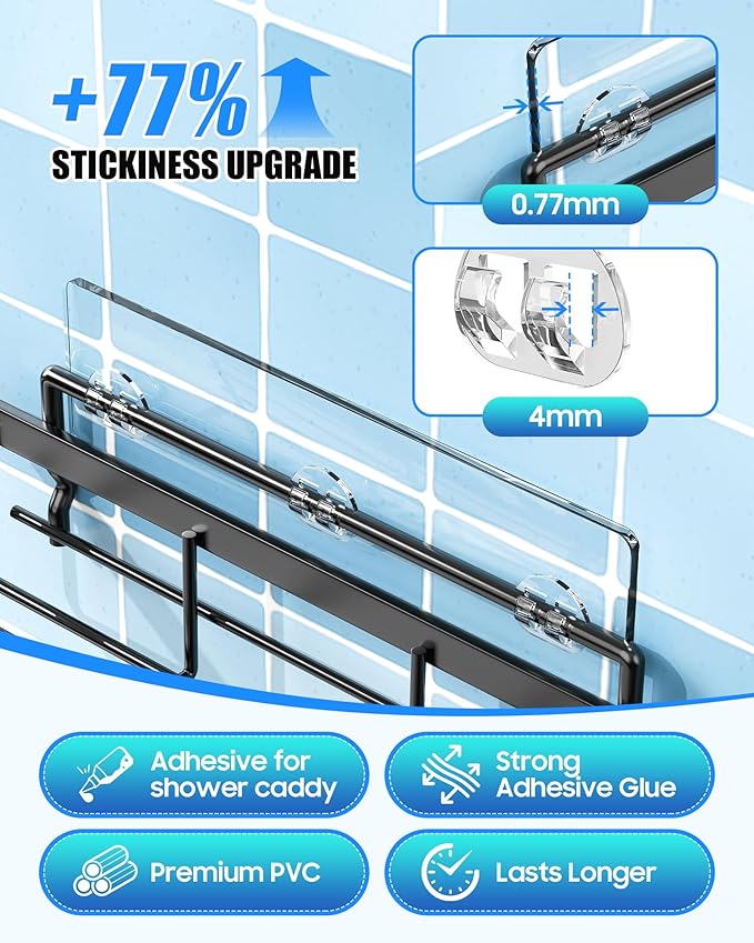 9 Pack Shower Caddy Adhesive Replacement, Strong Waterproof Transparent Adhesive Strips, No Drilling Shower Shelf Adhesive Hooks for Bathroom Shelves, Corner Basket, Soap Holder & Kitchen Racks