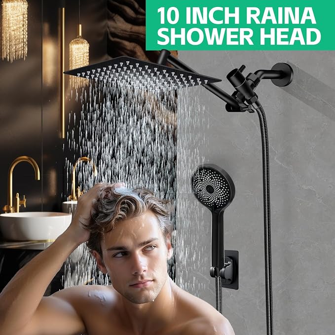 Shower Head,10”Rain Shower Head with Handheld Spray Combo and Adjustable Extension Arm/3-Way Flow Regulator/Shower System,High Pressure Rain Fall Hose,Matt Black