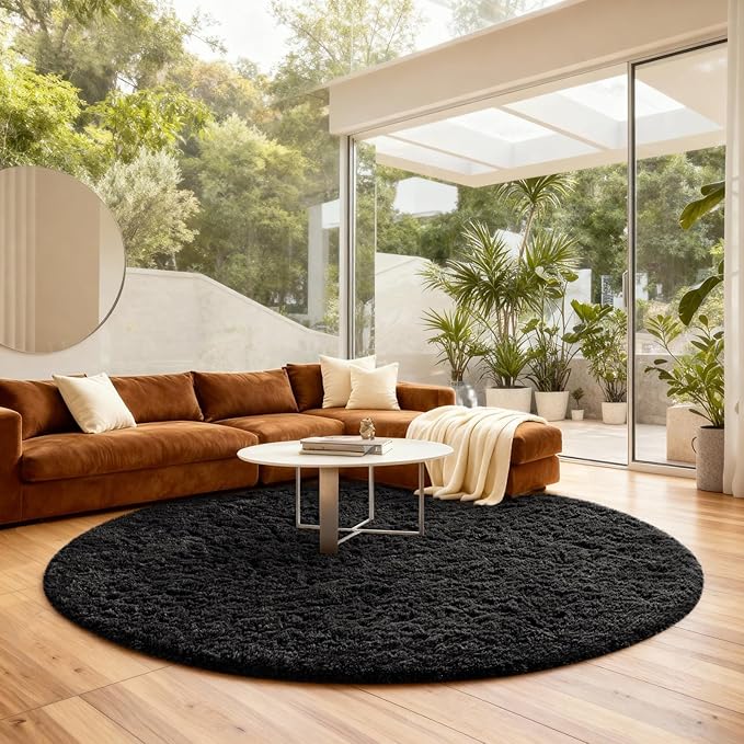Ophanie Round Rug 8Ft Black Circle Area Rug, Room Decor for Men, Fluffy Fuzzy Bedroom Carpet, Plush Soft Shaggy Living Room Rugs for Kids Home Aesthetic, Nursery