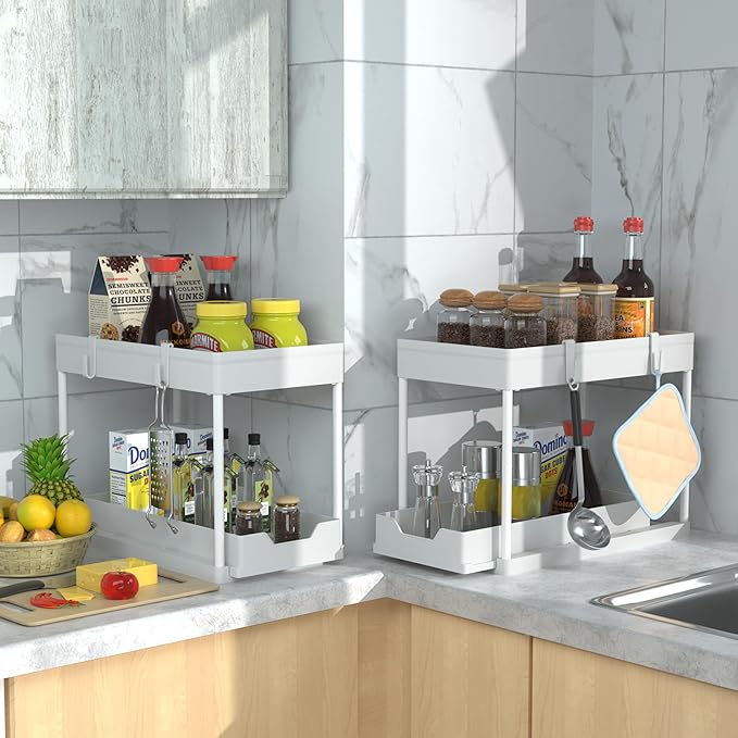 Under Sink Organizer - 2 Pack | Pull out Bathroom Organizer | 2 Tier Slide out Bathroom/Kitchen Organizers and Storage | White