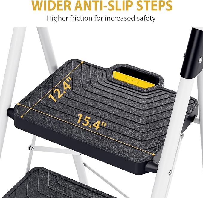 KINGRACK 3 Step Ladder, Folding Step Stool with Comfortable Handrail, Wide Anti-Slip Pedals & Safe-Lock Design, 800lbs Load Capacity, Sturdy Steel Portable Ladder, Perfect for Home and Kitchen, White