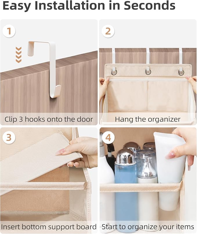 STORAGE MANIAC Over the Door Organizer 6-Shelf Closet Hanging Storage with 14 Mesh Pockets, 66lbs Capacity Clear Deep Pockets Behind Door Storage for Nursery, Bathroom, Bedroom, 1 Pack Oat Beige