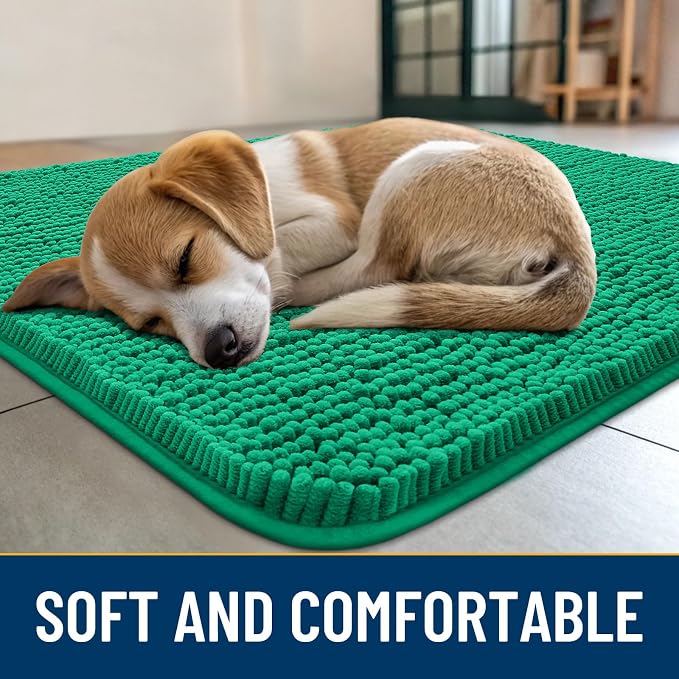Smiry Dog Door Mat for Muddy Paws 36x24, Absorbent Dirt Trapper, Non-Slip Washable Chenille Entryway Rug for Inside Floor, Emerald Green, Classic Solid