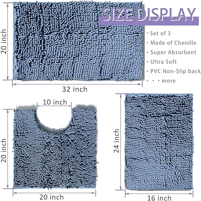 Bathroom Rugs Bath Mats for Batroom Chenillen Bath Rug Set 3 Piece Non-Slip Bath Mats, Absorbent Shaggy Rugs, Machine Wash, Perfect Plush Bathroom Mats, Bathroom Carpets Set Sky Blue