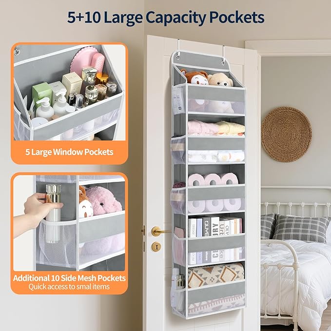Yecaye Over The Door Organizer Storage, 5-Tier Heavy Duty Door Organizers Hanging with 10 Side Mesh Pockets, 44 lbs Load Capacity Behind Door Storage for Bathroom Nursery Bedroom Dorm Closet,Grey,1Pc